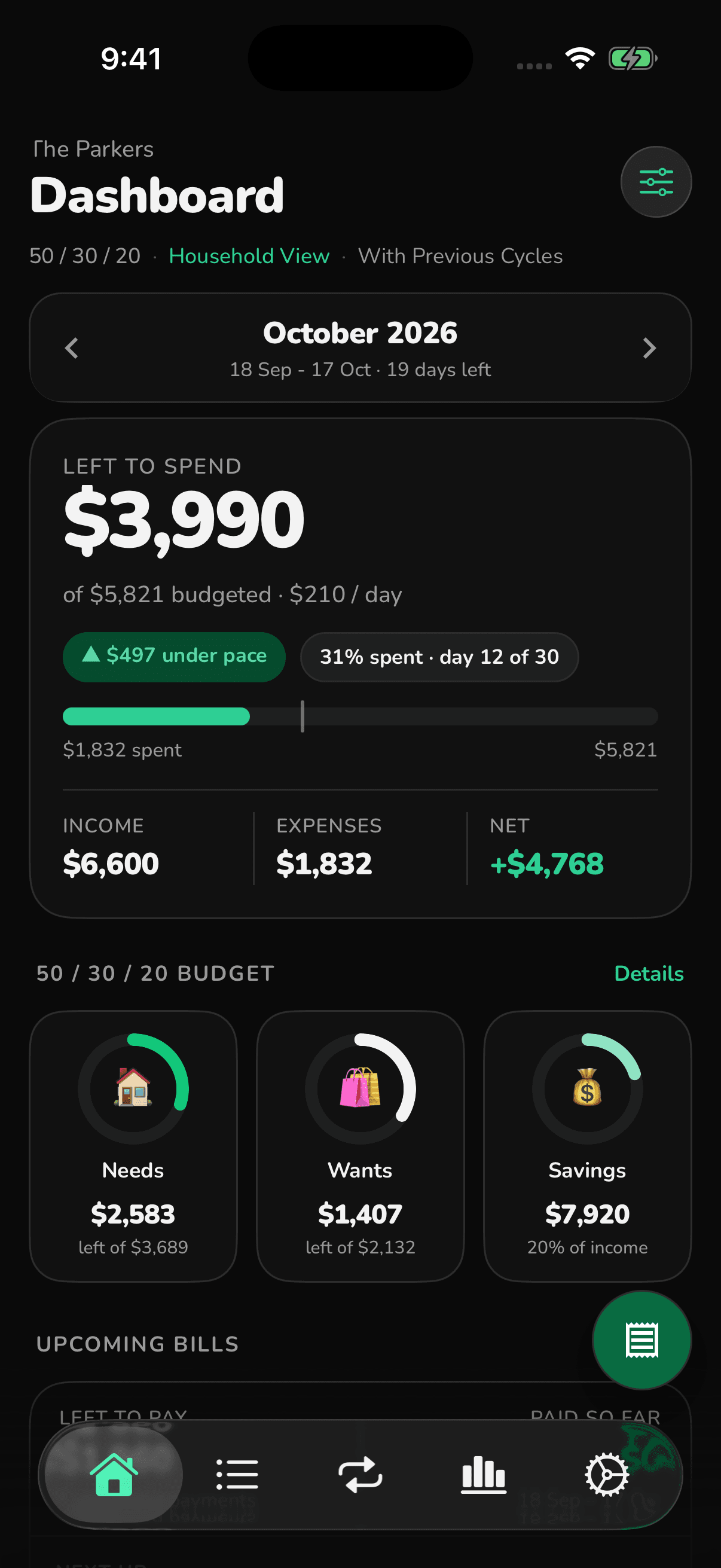 FI-532 dashboard showing $3,990 left to spend, income, expenses and the 50/30/20 budget for the cycle