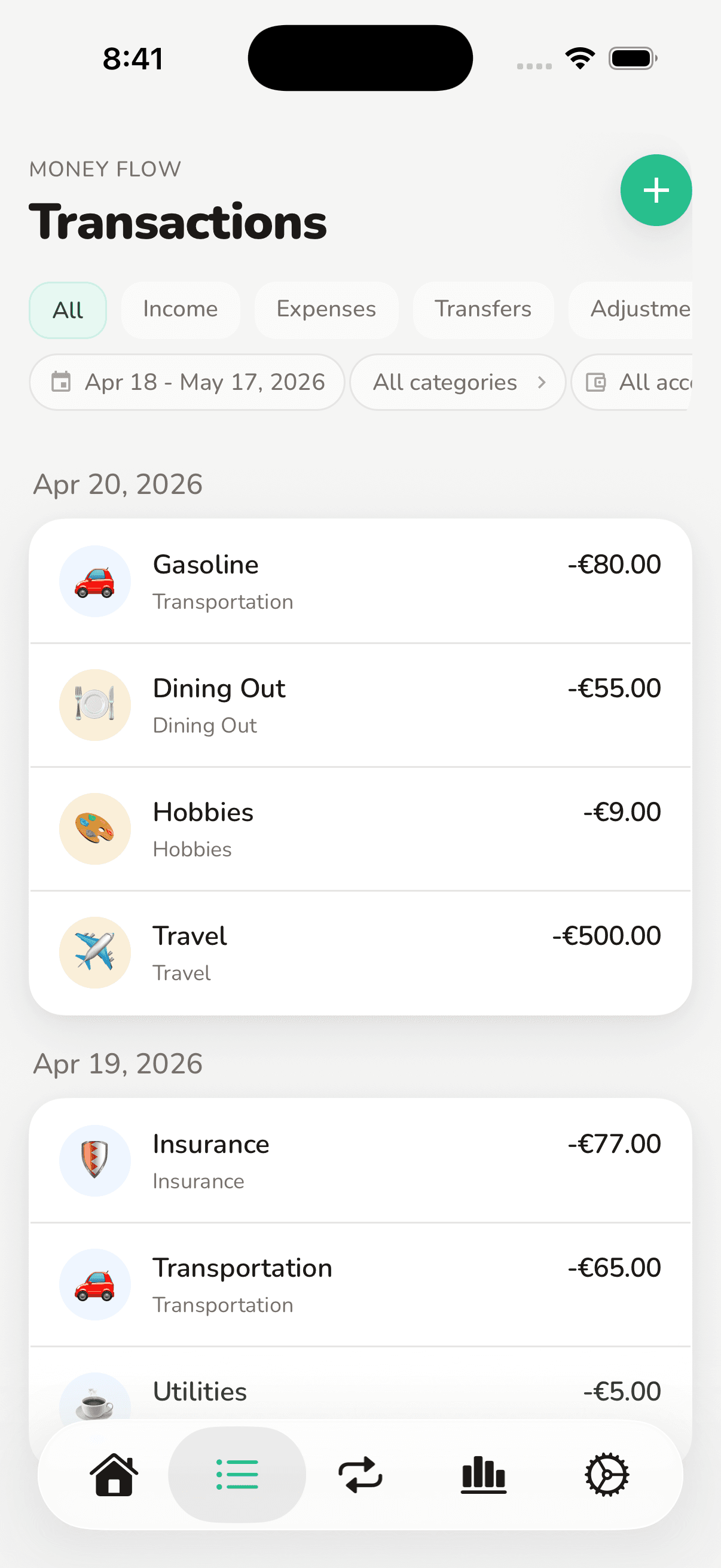 FI-532 app — every transaction tracked and categorized