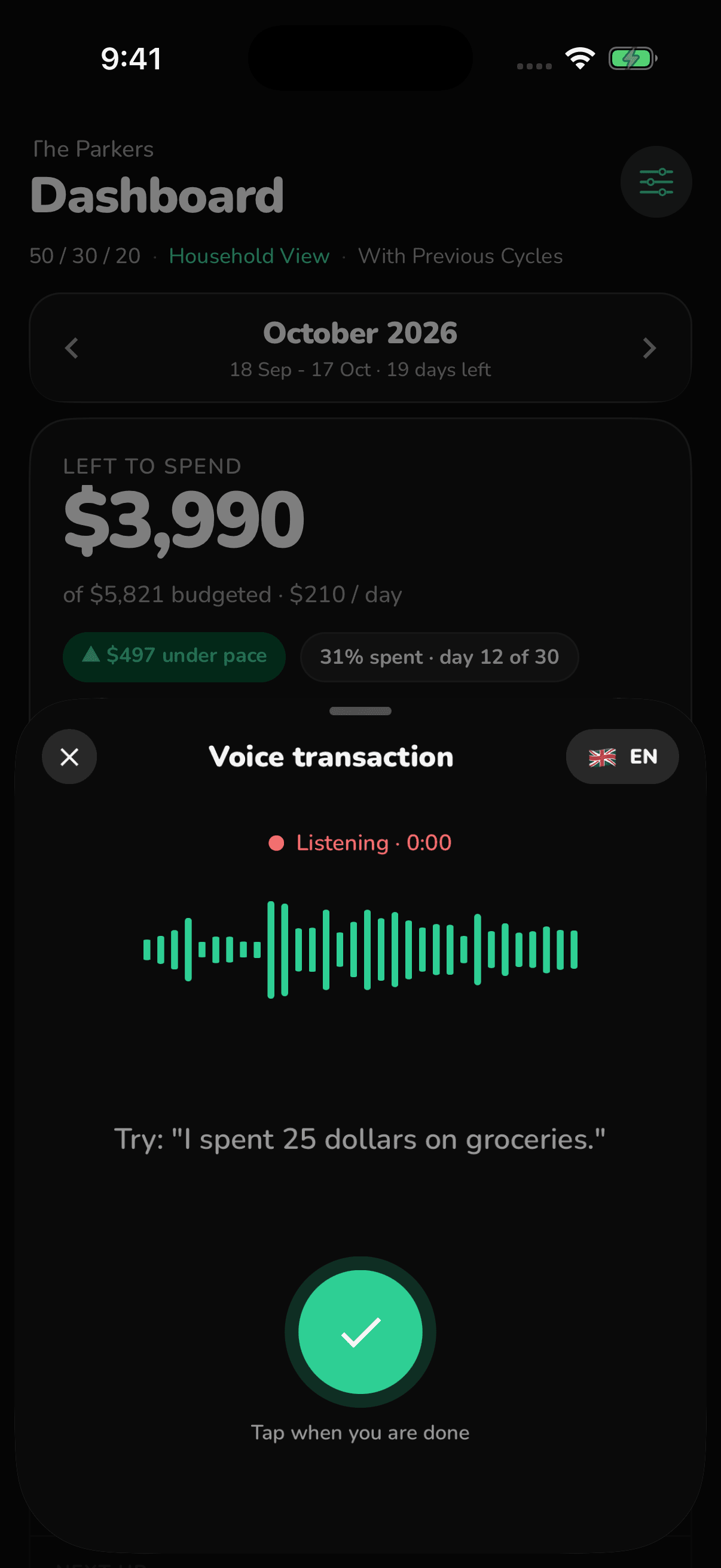 FI-532 voice transaction screen listening to a spoken expense
