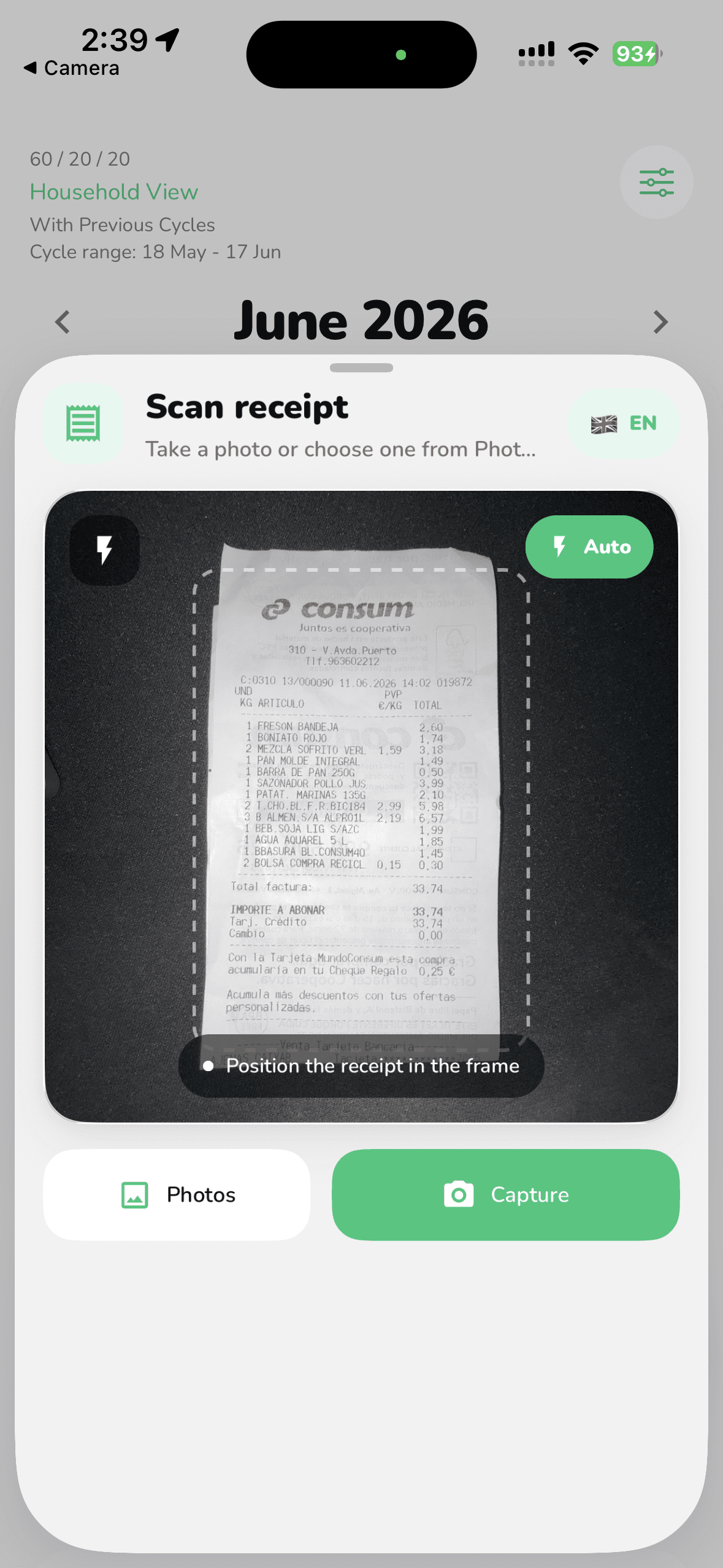 FI-532 receipt scanning screen reading a grocery receipt with the camera