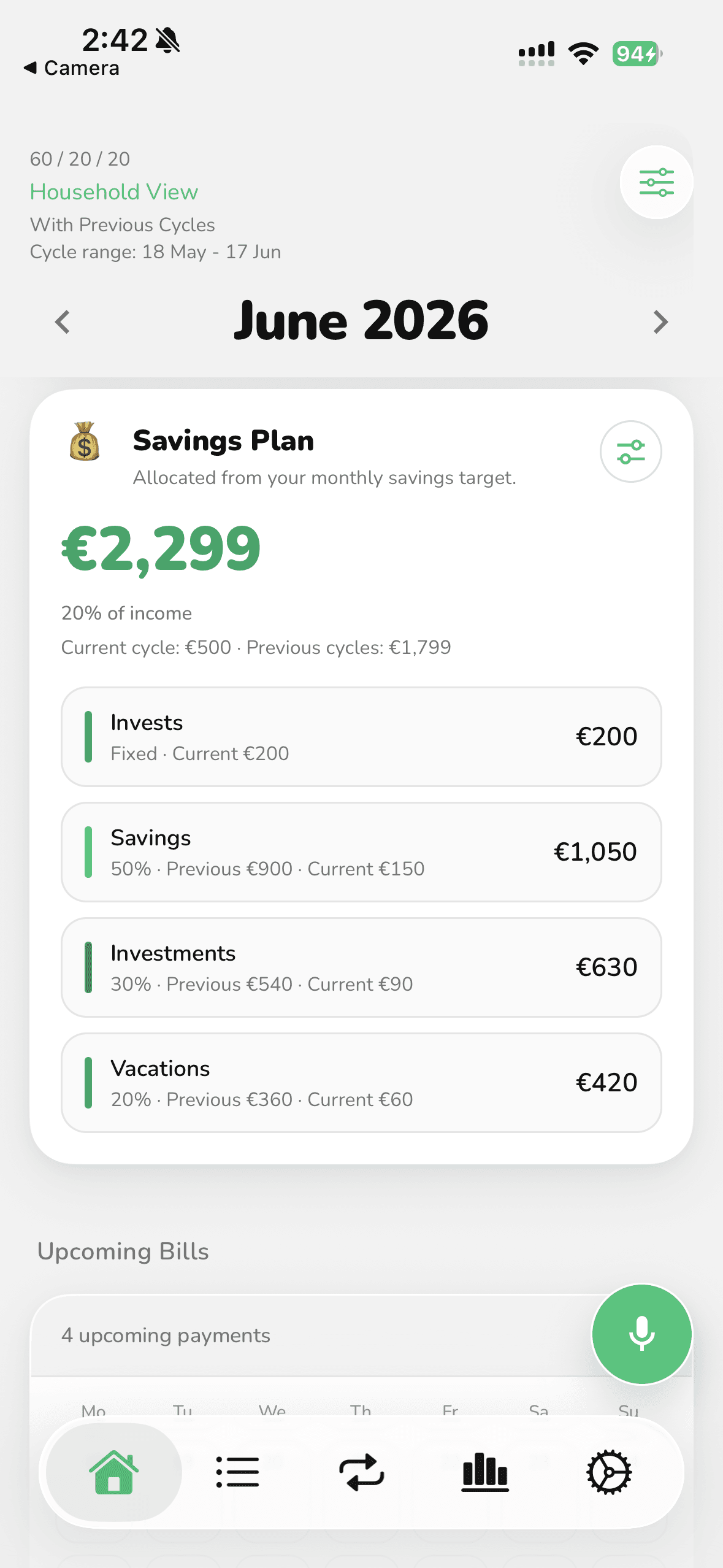 FI-532 savings plan screen splitting savings across goals like investments and vacations