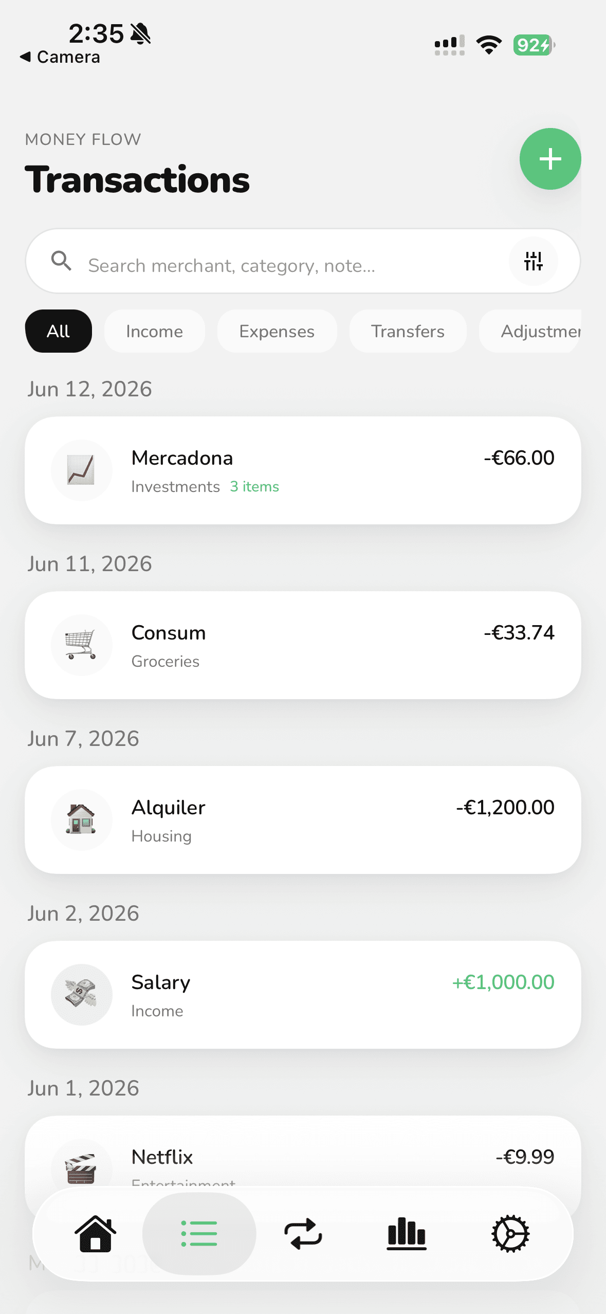 FI-532 transactions screen with search and Income, Expenses, Transfers filters